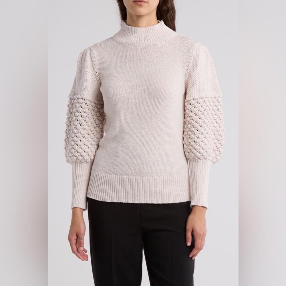 NWT Trina Turk Bellanca Chrochet trim Neutral Cream Knit ballon sleeves Sweater
